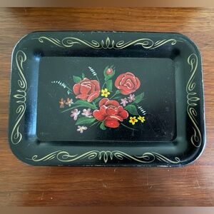 Hand-Painted Black Floral Metal Tray with Red Roses